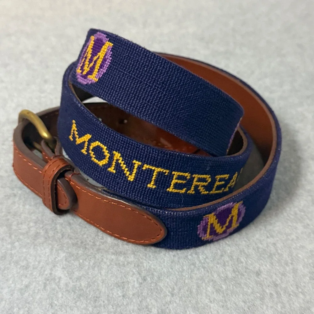 Smathers & Branson Montereau Needlepoint Belt Navy Blue Leather Mens 42